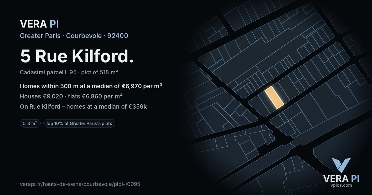 5 Rue Kilford, Courbevoie at night – the plot lit, the parcels around coloured by the prices near them