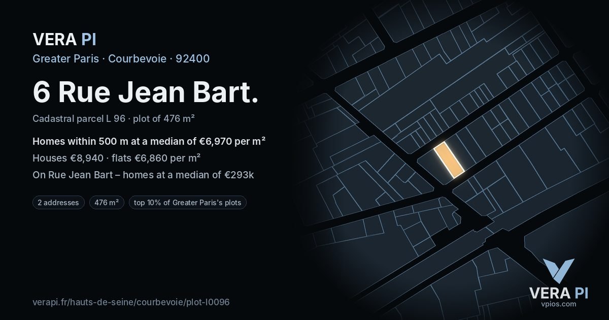 6 Rue Jean Bart, Courbevoie at night – the plot lit, the parcels around coloured by the prices near them
