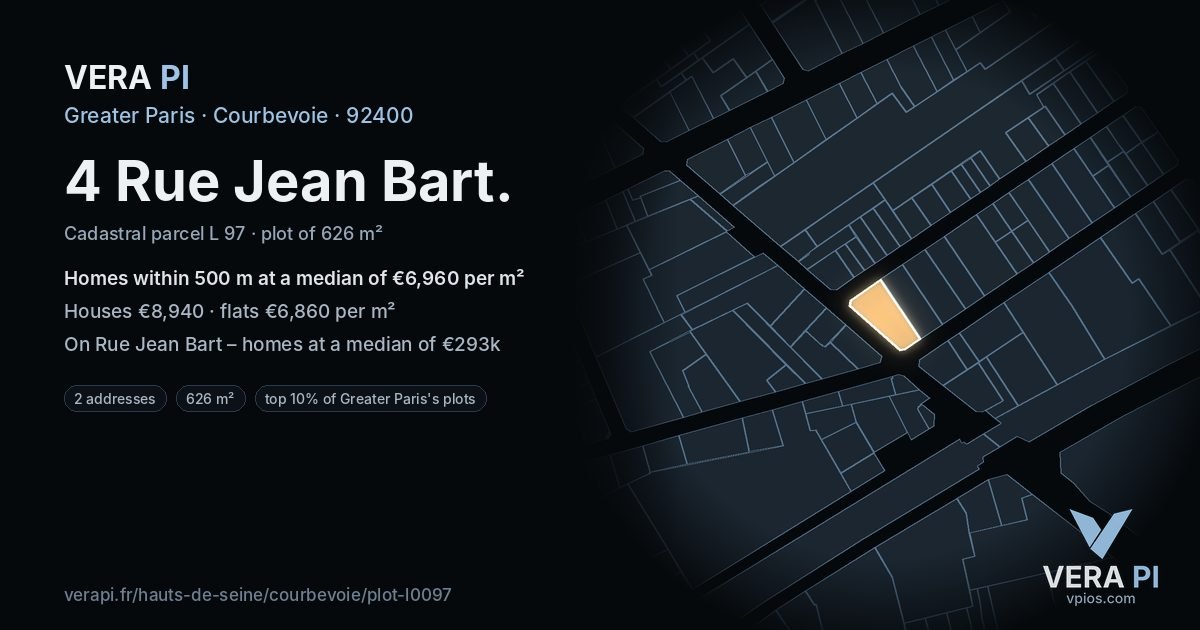 4 Rue Jean Bart, Courbevoie at night – the plot lit, the parcels around coloured by the prices near them