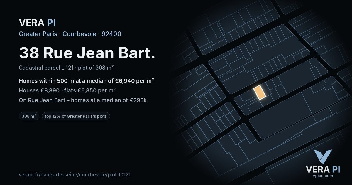 38 Rue Jean Bart, Courbevoie at night – the plot lit, the parcels around coloured by the prices near them