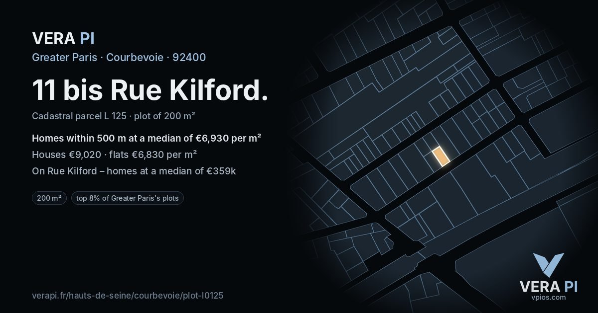 11 bis Rue Kilford, Courbevoie at night – the plot lit, the parcels around coloured by the prices near them