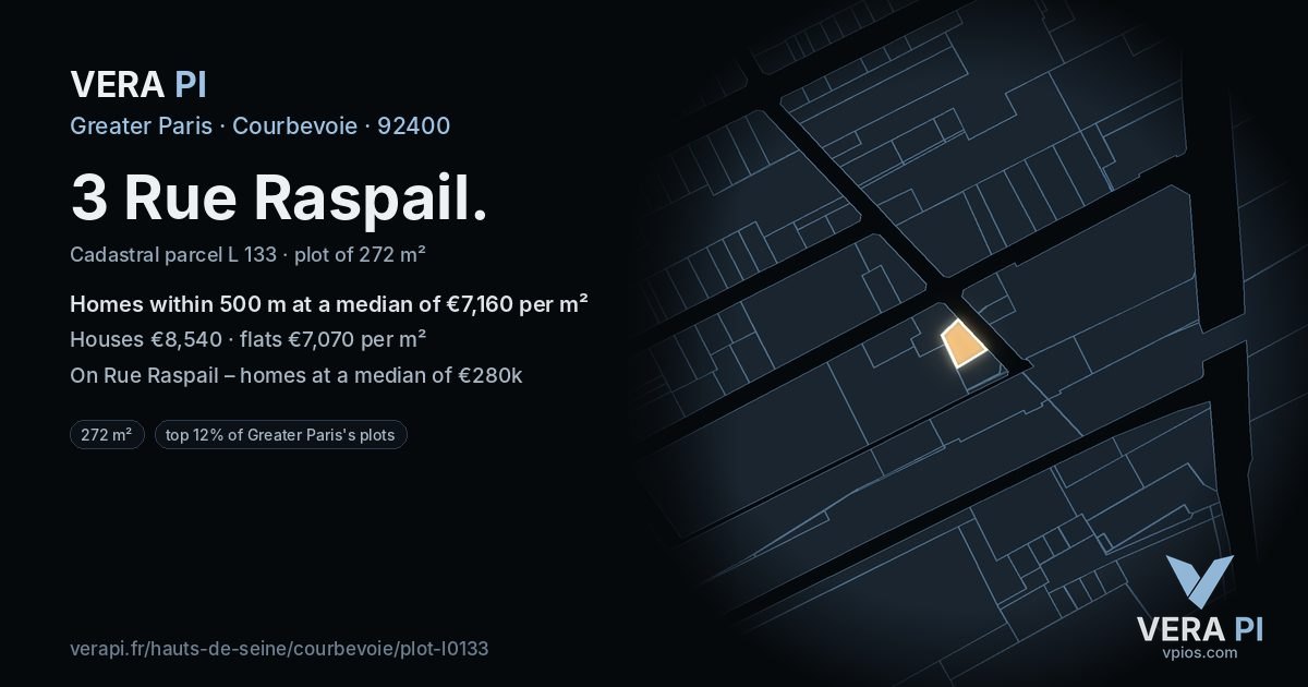 3 Rue Raspail, Courbevoie at night – the plot lit, the parcels around coloured by the prices near them