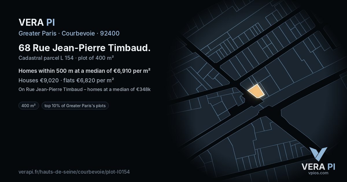 68 Rue Jean-Pierre Timbaud, Courbevoie at night – the plot lit, the parcels around coloured by the prices near them