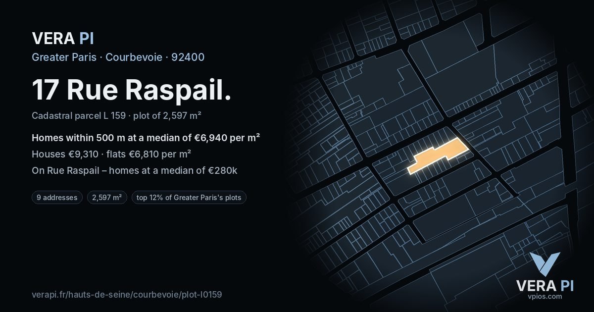 17 Rue Raspail, Courbevoie at night – the plot lit, the parcels around coloured by the prices near them