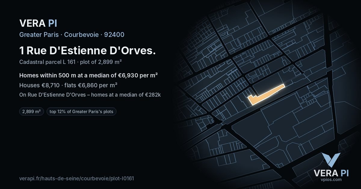 1 Rue D'Estienne D'Orves, Courbevoie at night – the plot lit, the parcels around coloured by the prices near them