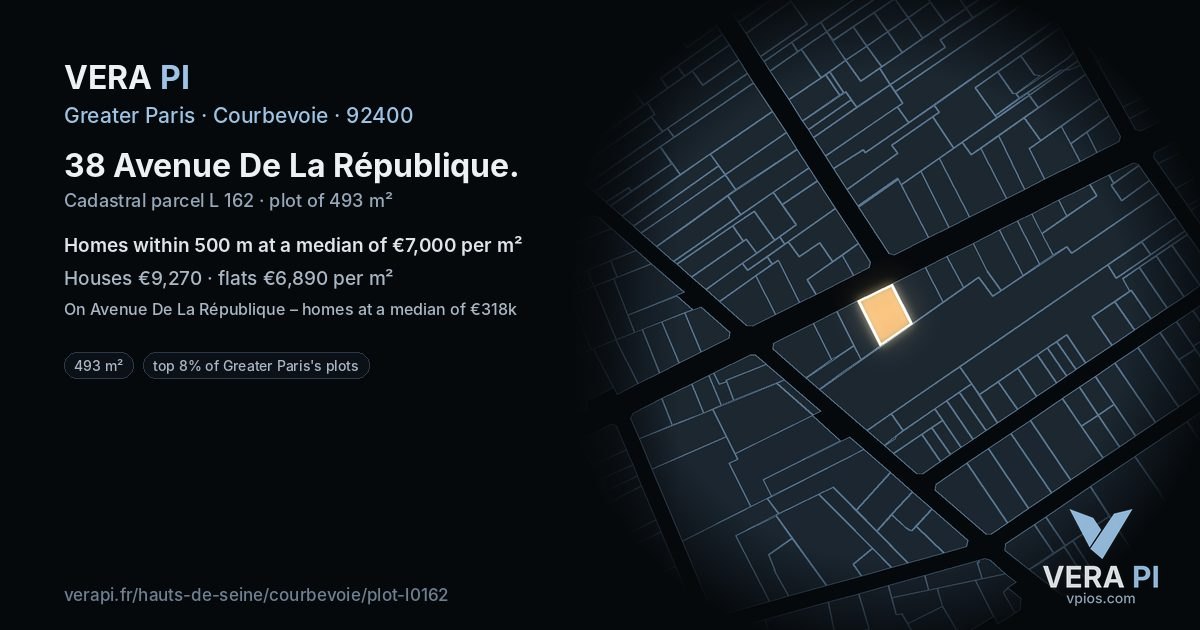 38 Avenue De La République, Courbevoie at night – the plot lit, the parcels around coloured by the prices near them