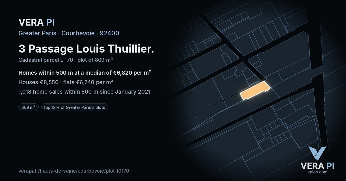 3 Passage Louis Thuillier, Courbevoie at night – the plot lit, the parcels around coloured by the prices near them