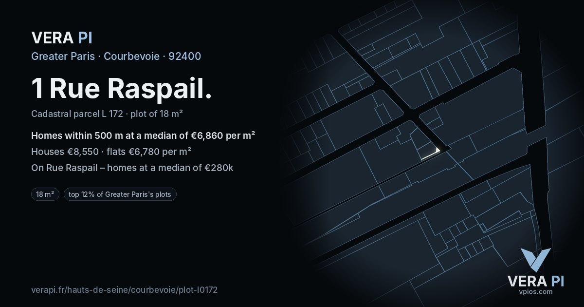 1 Rue Raspail, Courbevoie at night – the plot lit, the parcels around coloured by the prices near them