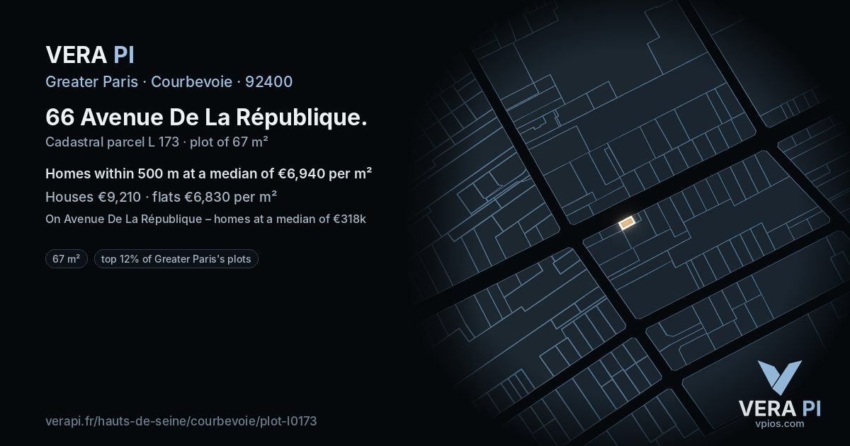 66 Avenue De La République, Courbevoie at night – the plot lit, the parcels around coloured by the prices near them