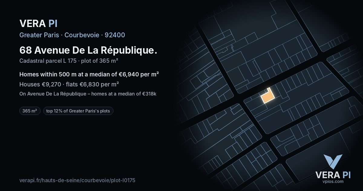 68 Avenue De La République, Courbevoie at night – the plot lit, the parcels around coloured by the prices near them
