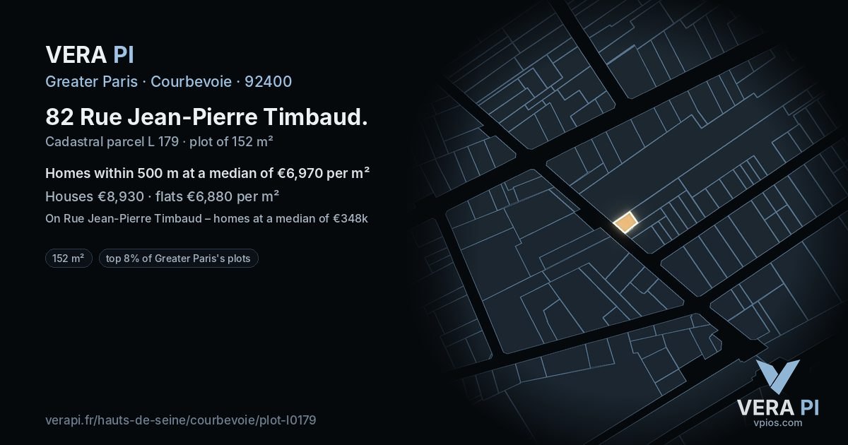 82 Rue Jean-Pierre Timbaud, Courbevoie at night – the plot lit, the parcels around coloured by the prices near them