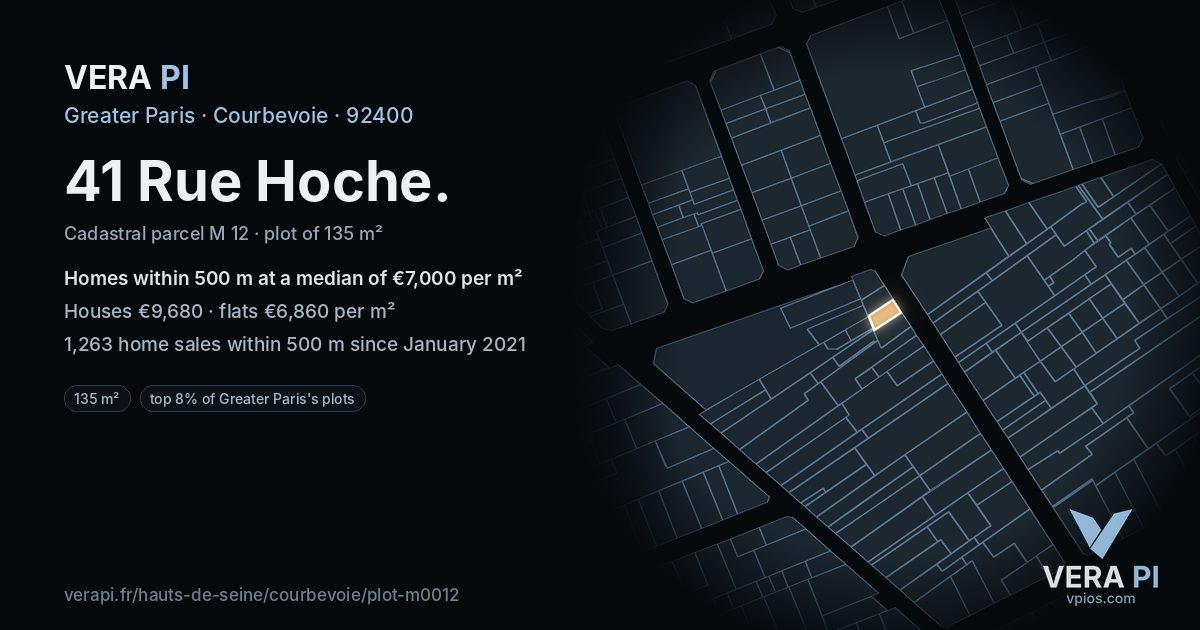 41 Rue Hoche, Courbevoie at night – the plot lit, the parcels around coloured by the prices near them