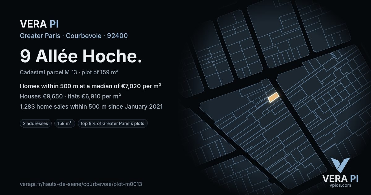 9 Allée Hoche, Courbevoie at night – the plot lit, the parcels around coloured by the prices near them