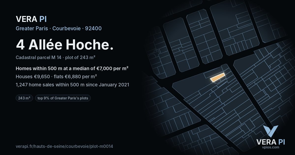 4 Allée Hoche, Courbevoie at night – the plot lit, the parcels around coloured by the prices near them
