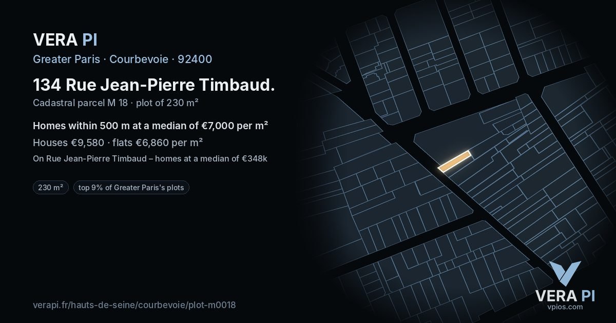 134 Rue Jean-Pierre Timbaud, Courbevoie at night – the plot lit, the parcels around coloured by the prices near them