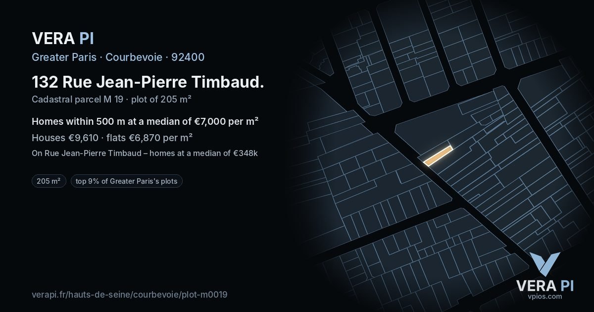132 Rue Jean-Pierre Timbaud, Courbevoie at night – the plot lit, the parcels around coloured by the prices near them