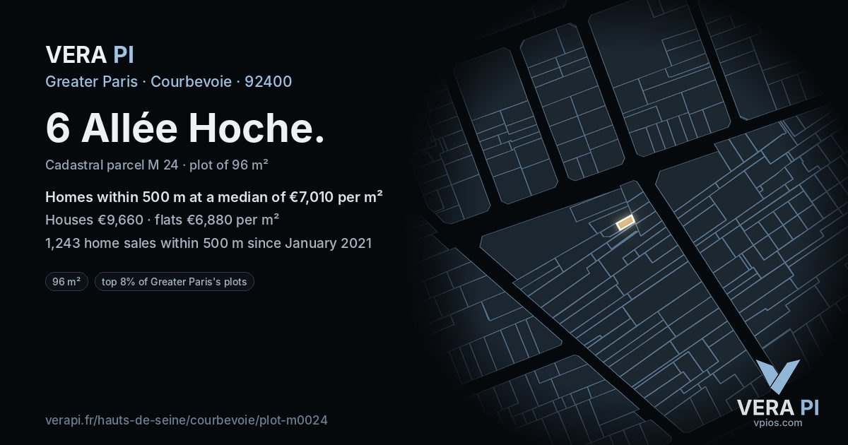 6 Allée Hoche, Courbevoie at night – the plot lit, the parcels around coloured by the prices near them