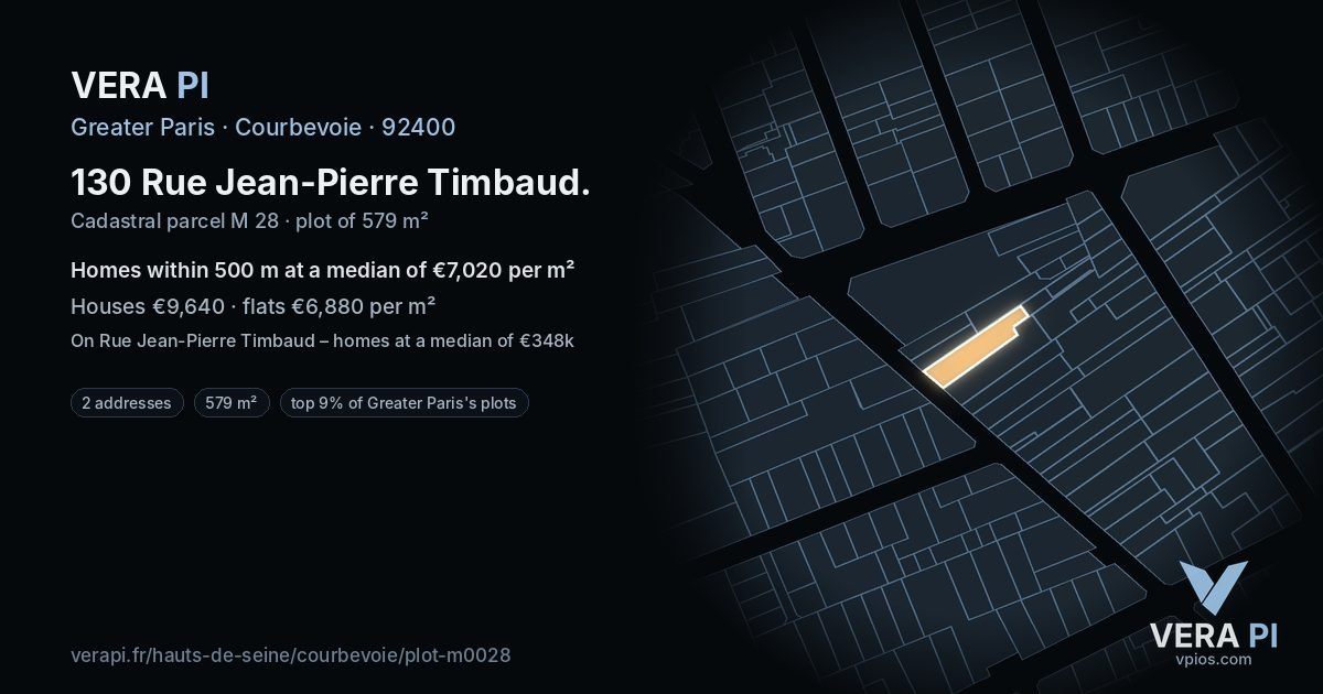 130 Rue Jean-Pierre Timbaud, Courbevoie at night – the plot lit, the parcels around coloured by the prices near them