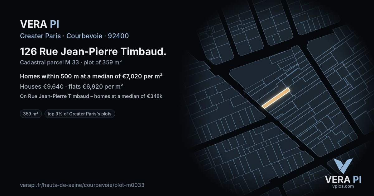 126 Rue Jean-Pierre Timbaud, Courbevoie at night – the plot lit, the parcels around coloured by the prices near them