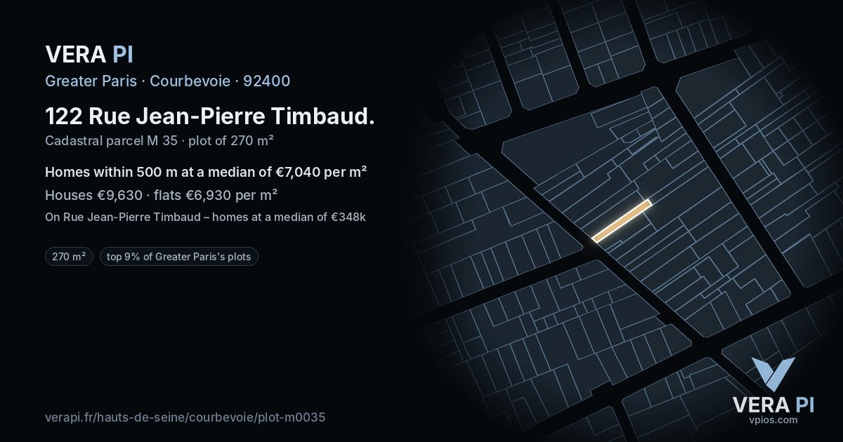 122 Rue Jean-Pierre Timbaud, Courbevoie at night – the plot lit, the parcels around coloured by the prices near them