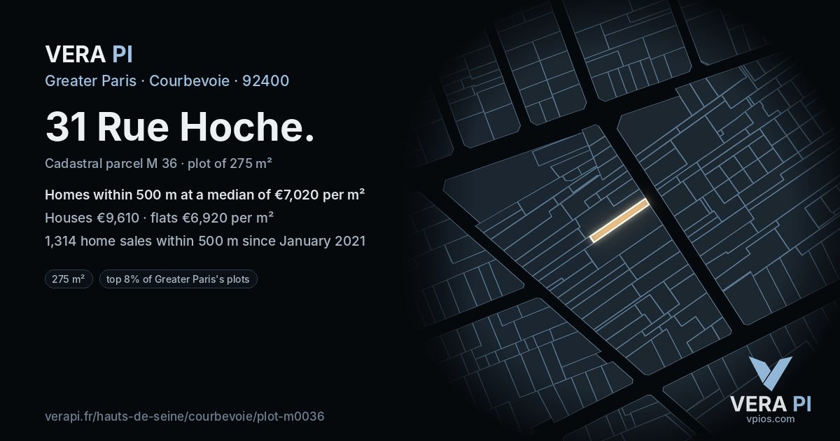 31 Rue Hoche, Courbevoie at night – the plot lit, the parcels around coloured by the prices near them