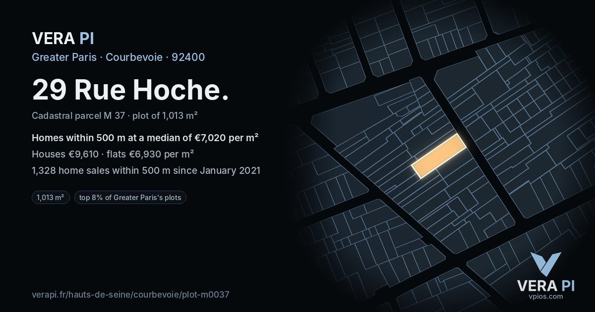 29 Rue Hoche, Courbevoie at night – the plot lit, the parcels around coloured by the prices near them