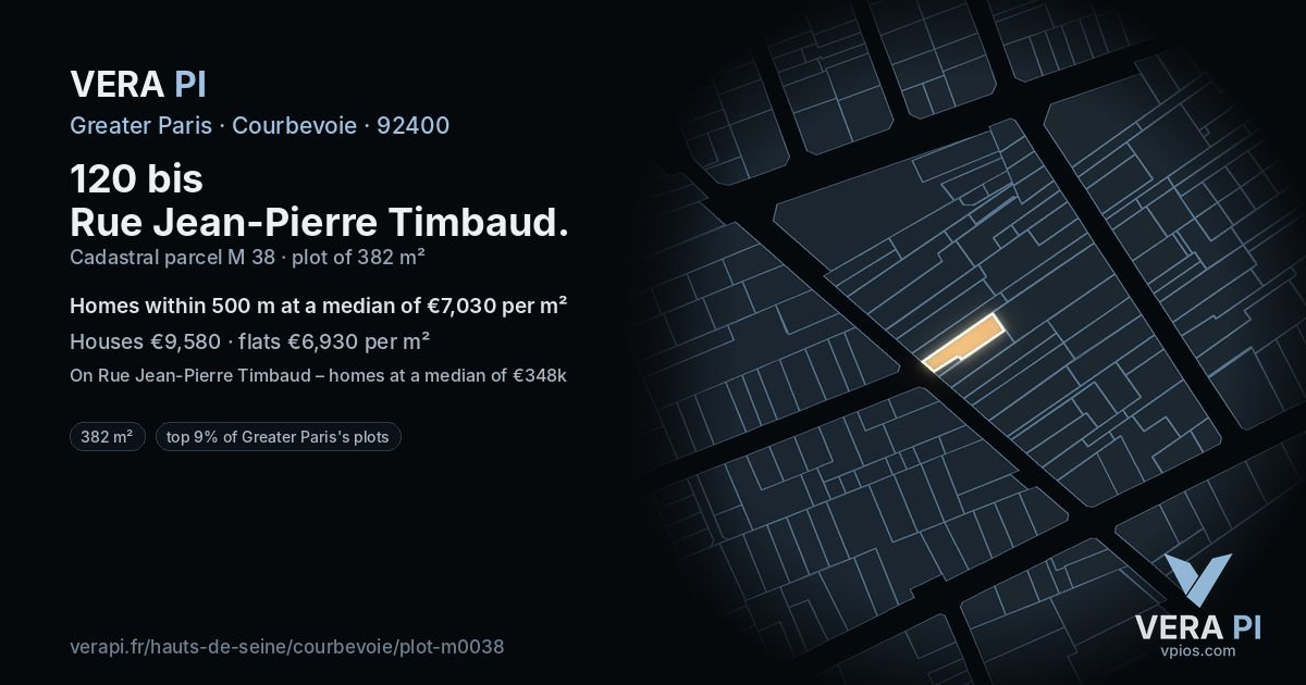 120 bis Rue Jean-Pierre Timbaud, Courbevoie at night – the plot lit, the parcels around coloured by the prices near them