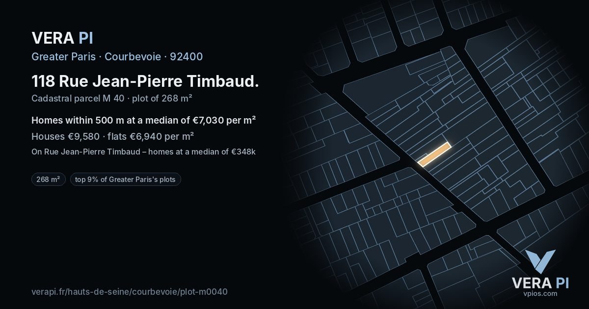 118 Rue Jean-Pierre Timbaud, Courbevoie at night – the plot lit, the parcels around coloured by the prices near them