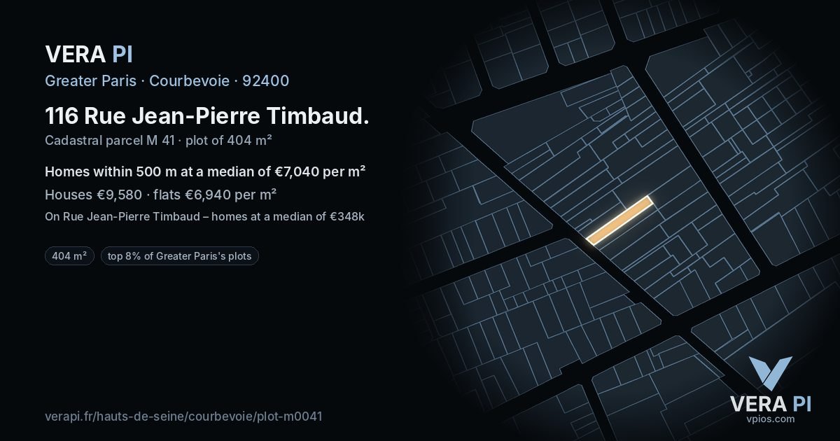 116 Rue Jean-Pierre Timbaud, Courbevoie at night – the plot lit, the parcels around coloured by the prices near them