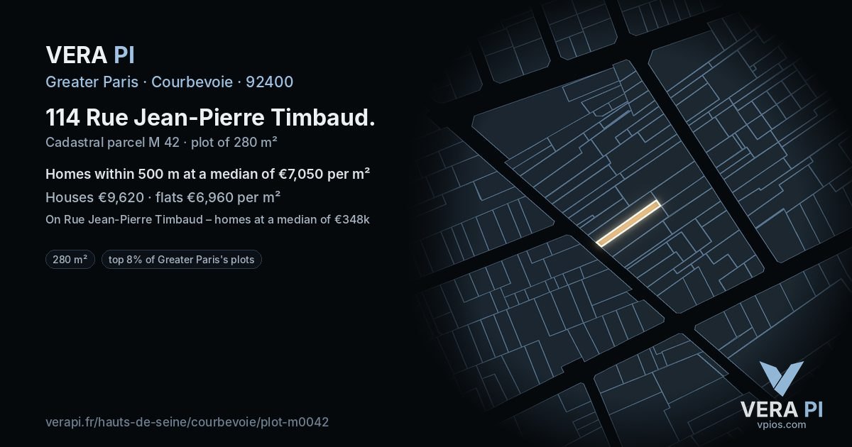 114 Rue Jean-Pierre Timbaud, Courbevoie at night – the plot lit, the parcels around coloured by the prices near them