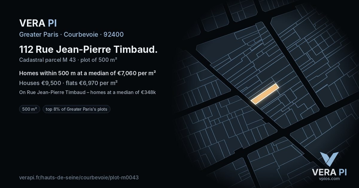 112 Rue Jean-Pierre Timbaud, Courbevoie at night – the plot lit, the parcels around coloured by the prices near them