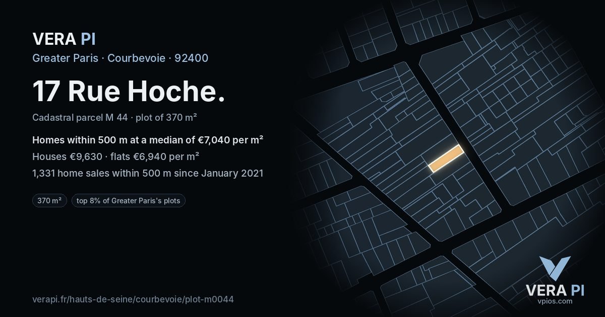 17 Rue Hoche, Courbevoie at night – the plot lit, the parcels around coloured by the prices near them