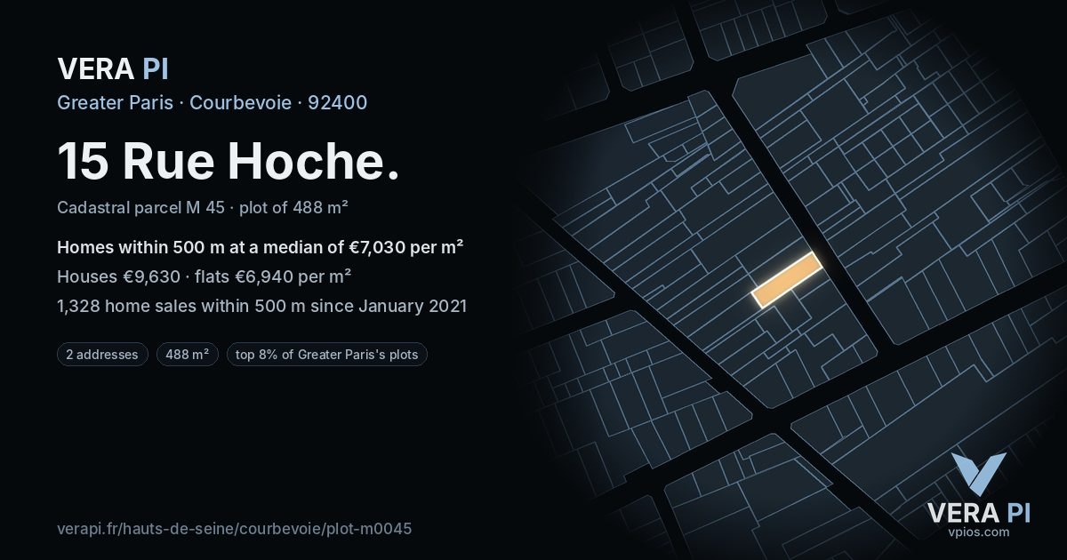 15 Rue Hoche, Courbevoie at night – the plot lit, the parcels around coloured by the prices near them