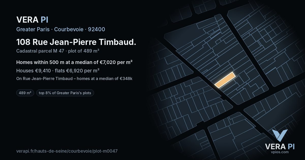 108 Rue Jean-Pierre Timbaud, Courbevoie at night – the plot lit, the parcels around coloured by the prices near them