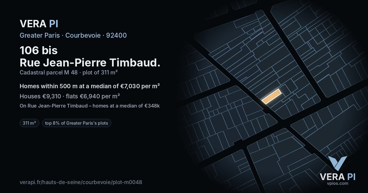 106 bis Rue Jean-Pierre Timbaud, Courbevoie at night – the plot lit, the parcels around coloured by the prices near them
