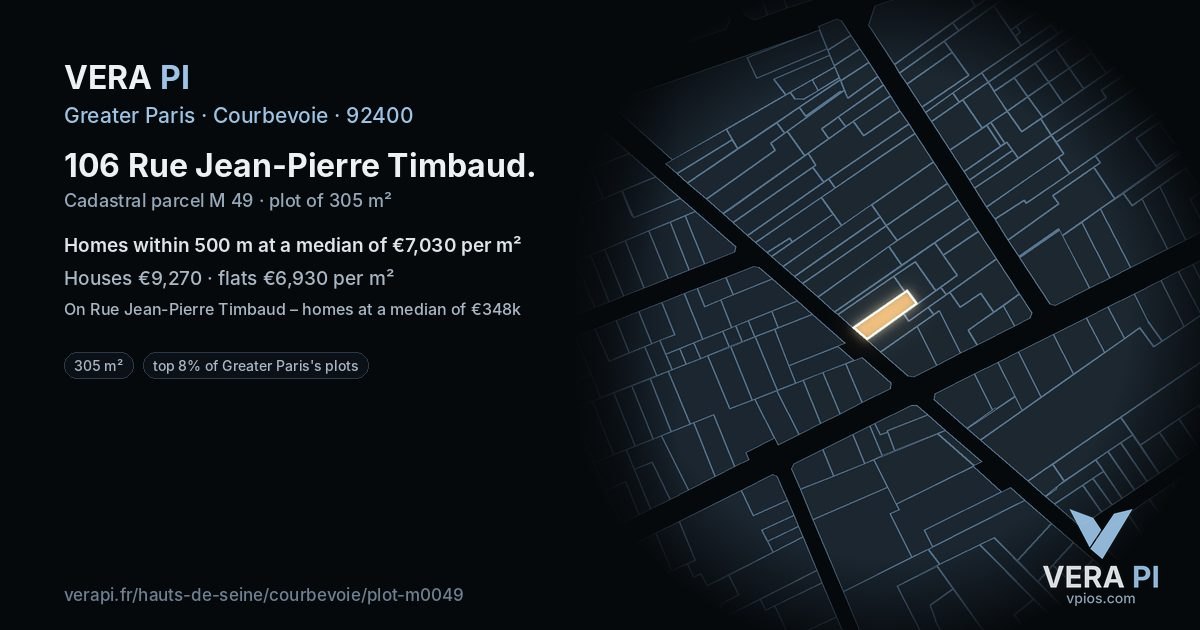 106 Rue Jean-Pierre Timbaud, Courbevoie at night – the plot lit, the parcels around coloured by the prices near them