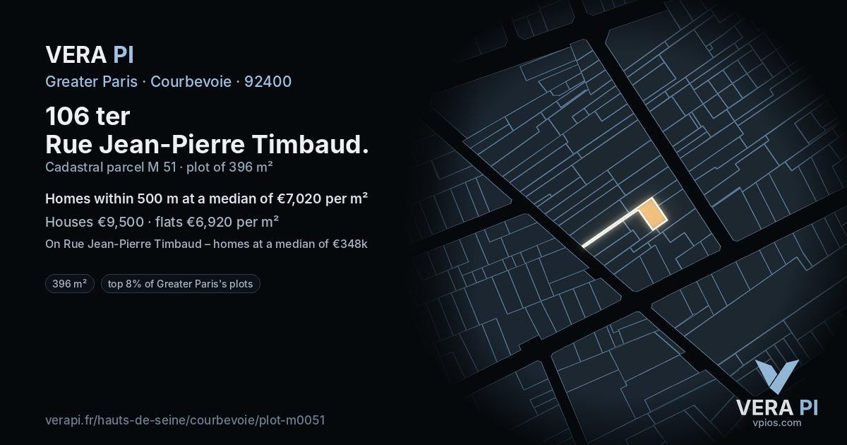106 ter Rue Jean-Pierre Timbaud, Courbevoie at night – the plot lit, the parcels around coloured by the prices near them