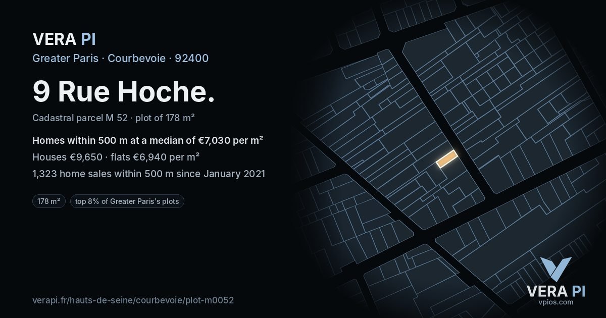 9 Rue Hoche, Courbevoie at night – the plot lit, the parcels around coloured by the prices near them