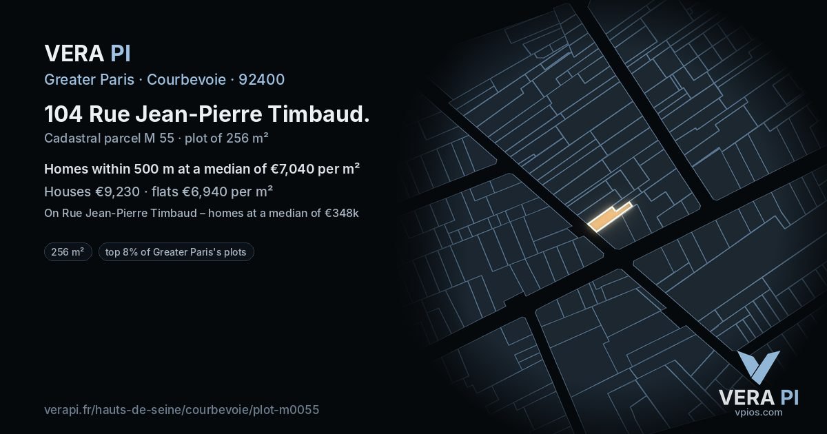 104 Rue Jean-Pierre Timbaud, Courbevoie at night – the plot lit, the parcels around coloured by the prices near them