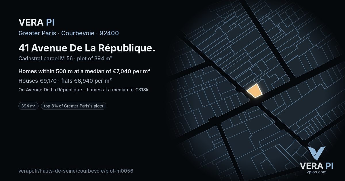 41 Avenue De La République, Courbevoie at night – the plot lit, the parcels around coloured by the prices near them