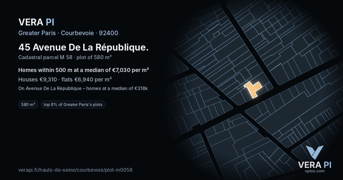 45 Avenue De La République, Courbevoie at night – the plot lit, the parcels around coloured by the prices near them