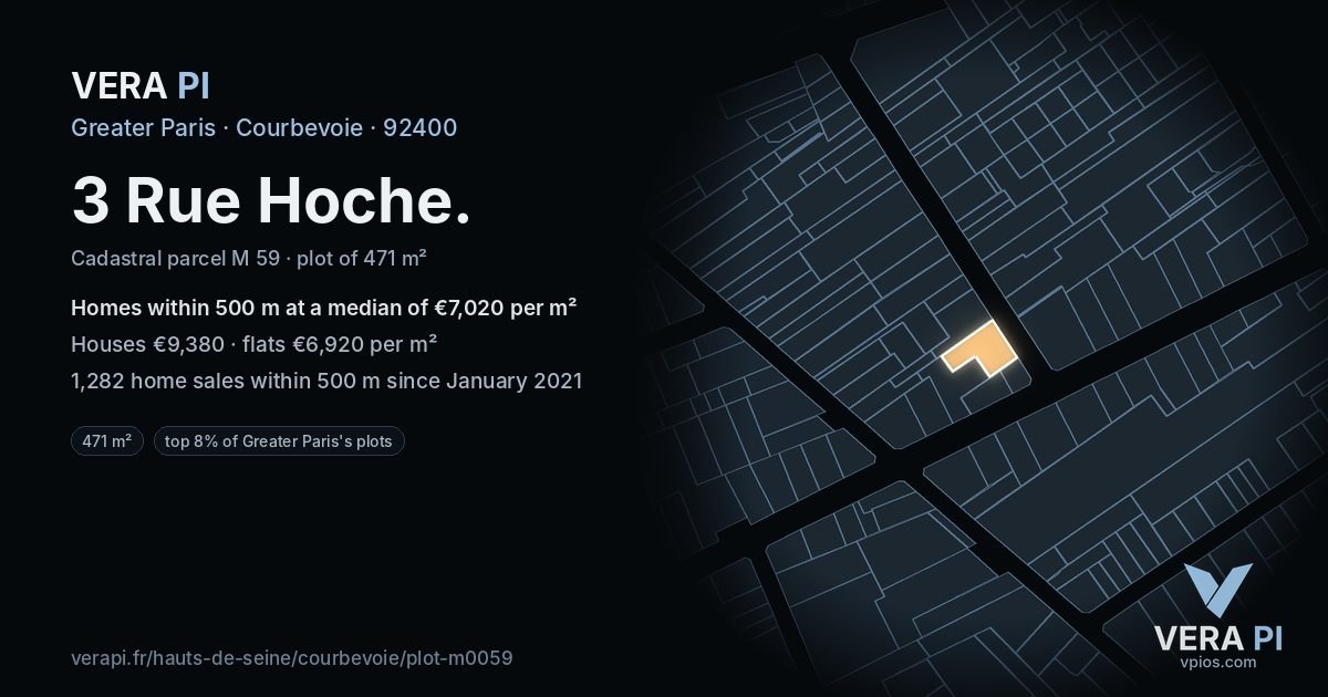 3 Rue Hoche, Courbevoie at night – the plot lit, the parcels around coloured by the prices near them