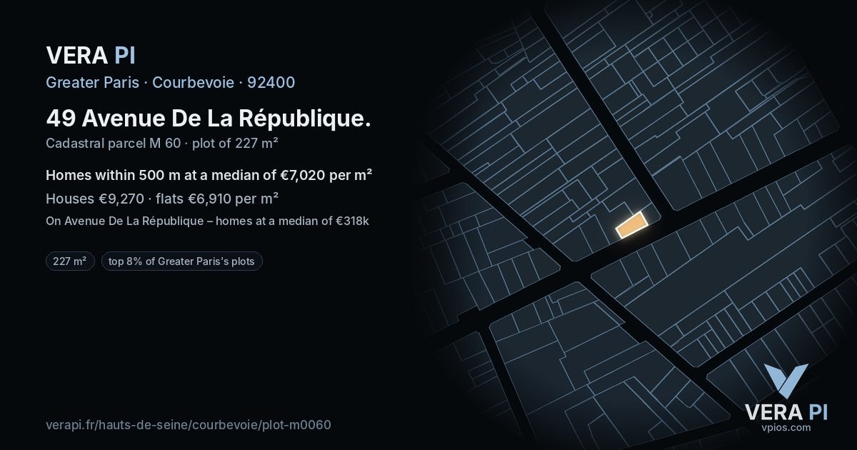 49 Avenue De La République, Courbevoie at night – the plot lit, the parcels around coloured by the prices near them