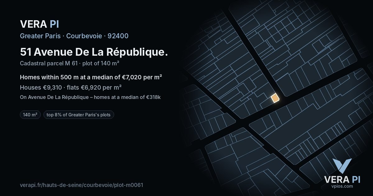 51 Avenue De La République, Courbevoie at night – the plot lit, the parcels around coloured by the prices near them