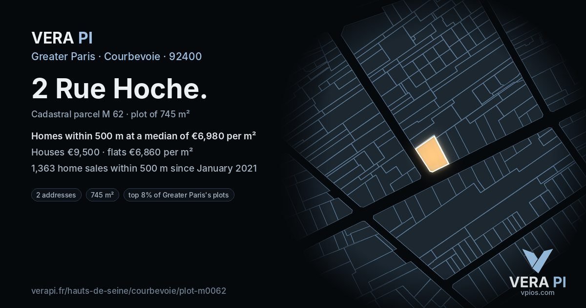 2 Rue Hoche, Courbevoie at night – the plot lit, the parcels around coloured by the prices near them