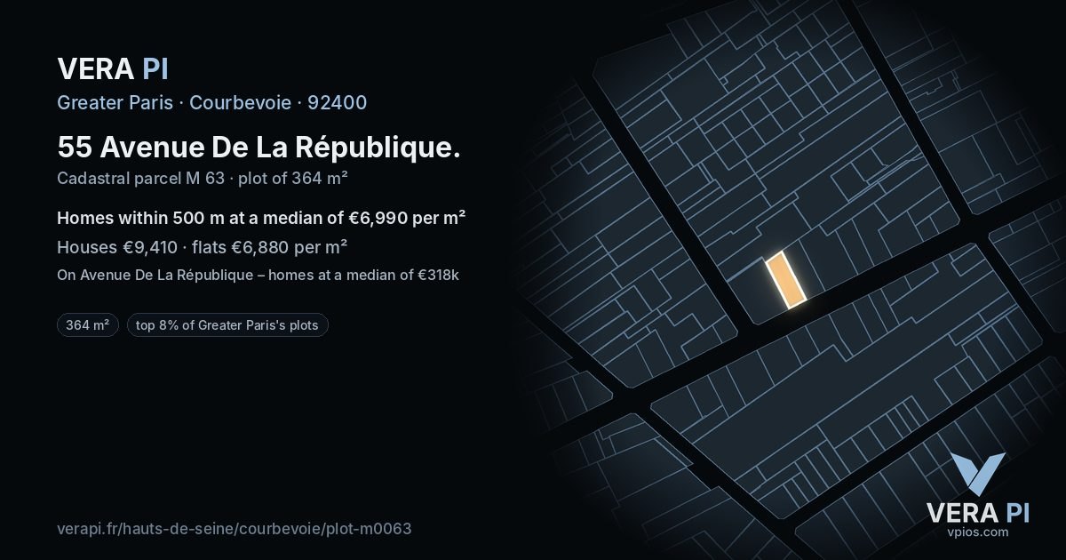 55 Avenue De La République, Courbevoie at night – the plot lit, the parcels around coloured by the prices near them