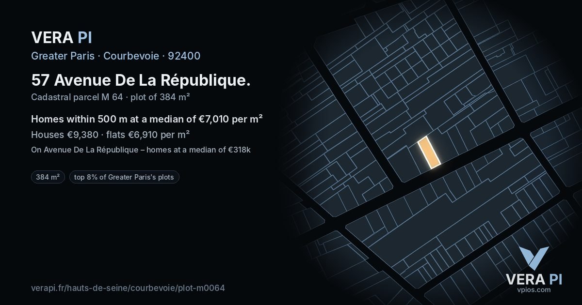 57 Avenue De La République, Courbevoie at night – the plot lit, the parcels around coloured by the prices near them