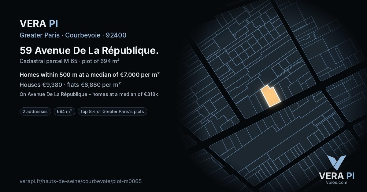 59 Avenue De La République, Courbevoie at night – the plot lit, the parcels around coloured by the prices near them