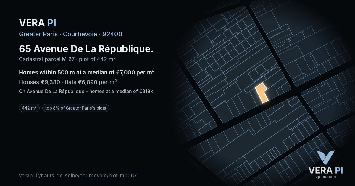 65 Avenue De La République, Courbevoie at night – the plot lit, the parcels around coloured by the prices near them