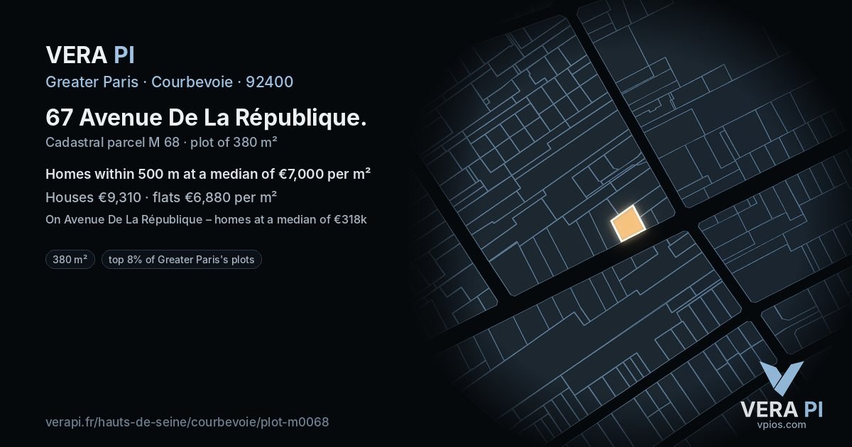 67 Avenue De La République, Courbevoie at night – the plot lit, the parcels around coloured by the prices near them